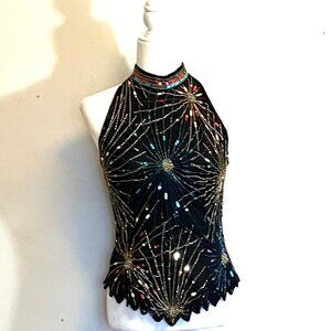 Laurence Kazar Beaded and Sequined Racerback Blouse, Size M, Back Zip